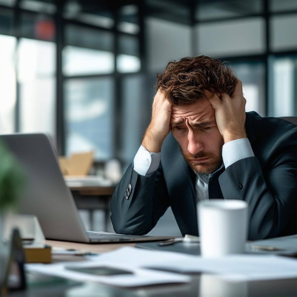 A subtle overlay of a professional looking overwhelmed at their desk, symbolizing challenges in sales or missed opportunities